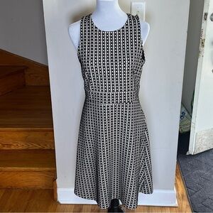 LOFT Black and Cream Geometric Midi Dress